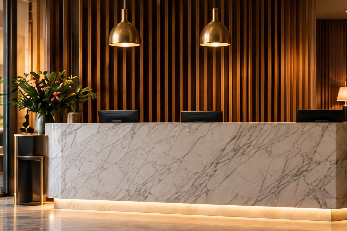 Hotel reception desk with marble counter and pendant lighting
